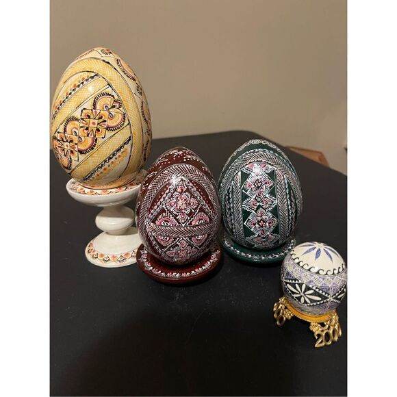 Set Of 4 Wooden Pysanky Collector Egg Colorful Geometric Design With Each Stand - Picture 15 of 15